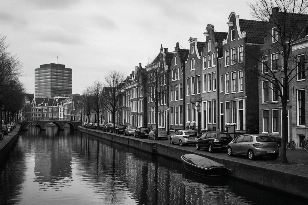 Kanaal met historische gebouwen en brug