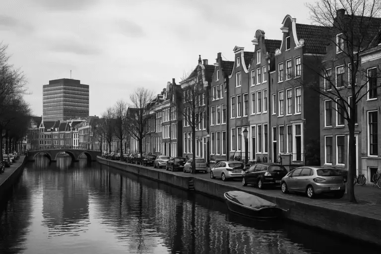 Dutch canal with historic buildings and bridge