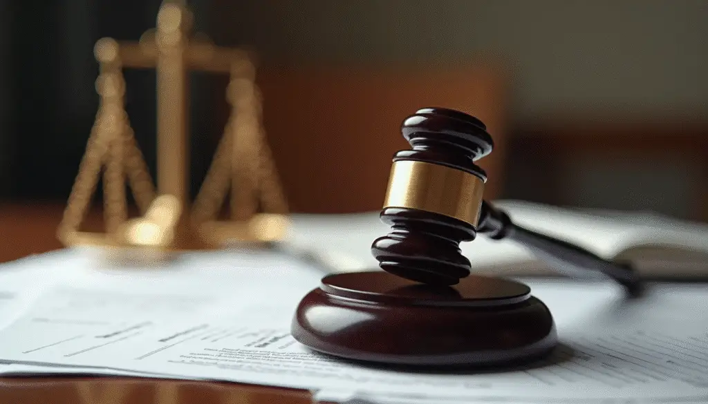 Hamer op regsdokumente met vaag geregtigheidskaal