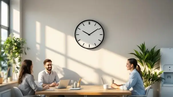 a group of people sitting at a table with a clock on the wall