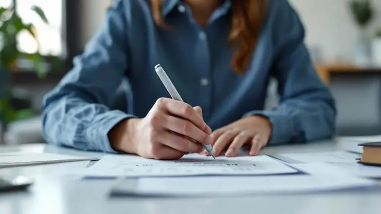 A person signing a document at a desk