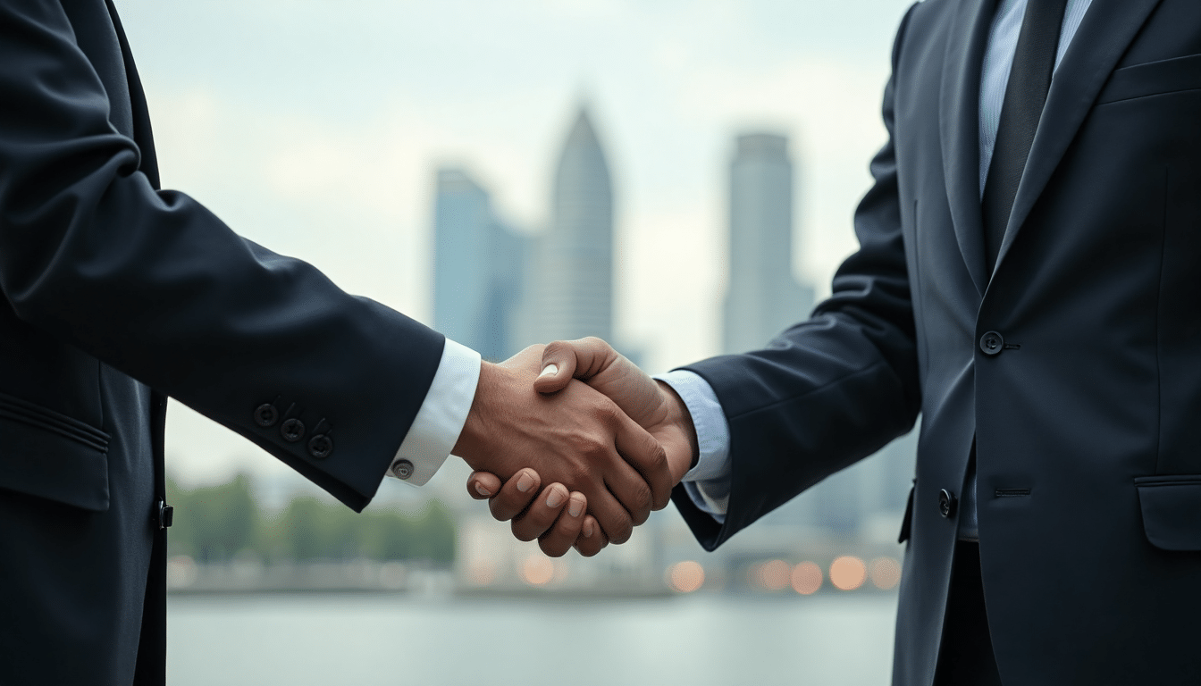 Blog 37 Handshake with Dutch city skyline background