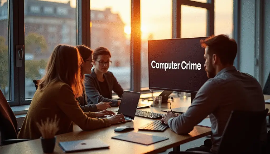Ang mga trabahante sa opisina sa Dutch nga nagtinabangay sa cybersecurity nga adunay teksto nga 'Computer Crime' sa monitor