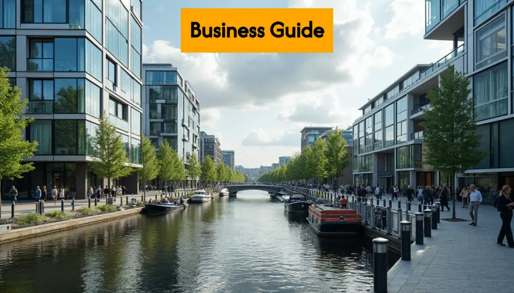 Modern Dutch business district with professionals outside