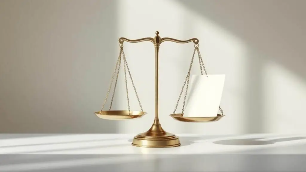 Golden scales of justice next to an open document