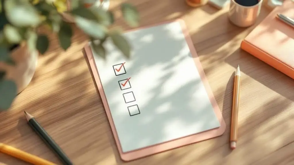 A checklist on a notepad with a pencil on a wooden desk