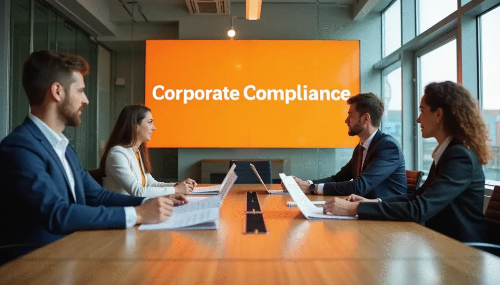 Business team reviewing compliance in bright Amsterdam boardroom