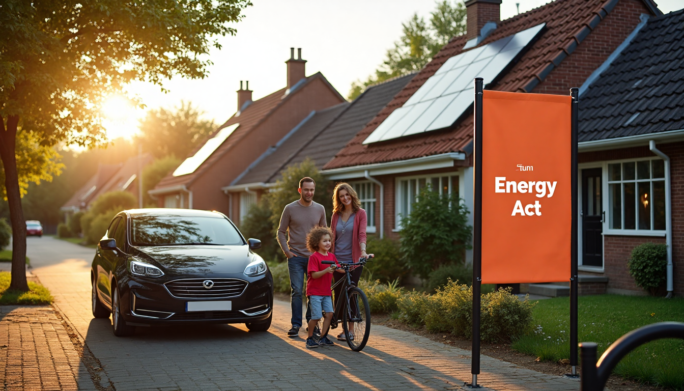 Dutch family with solar panels, street banner says Energy Act