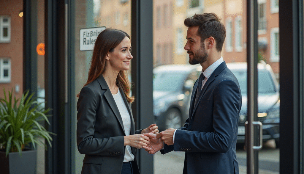 Dutch landlord handing keys to tenant showing focus on rental rules