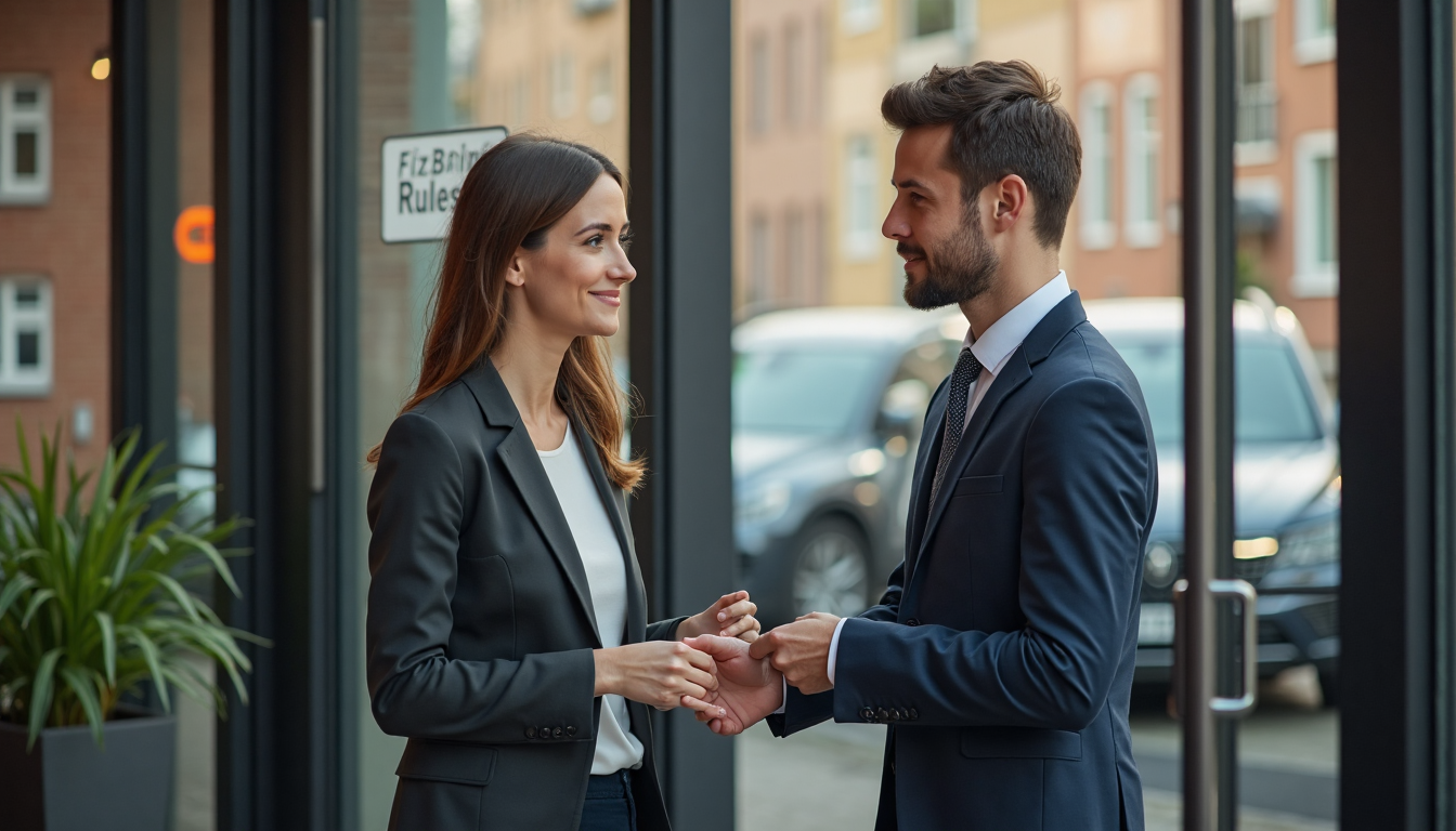 Dutch landlord handing keys to tenant showing focus on rental rules