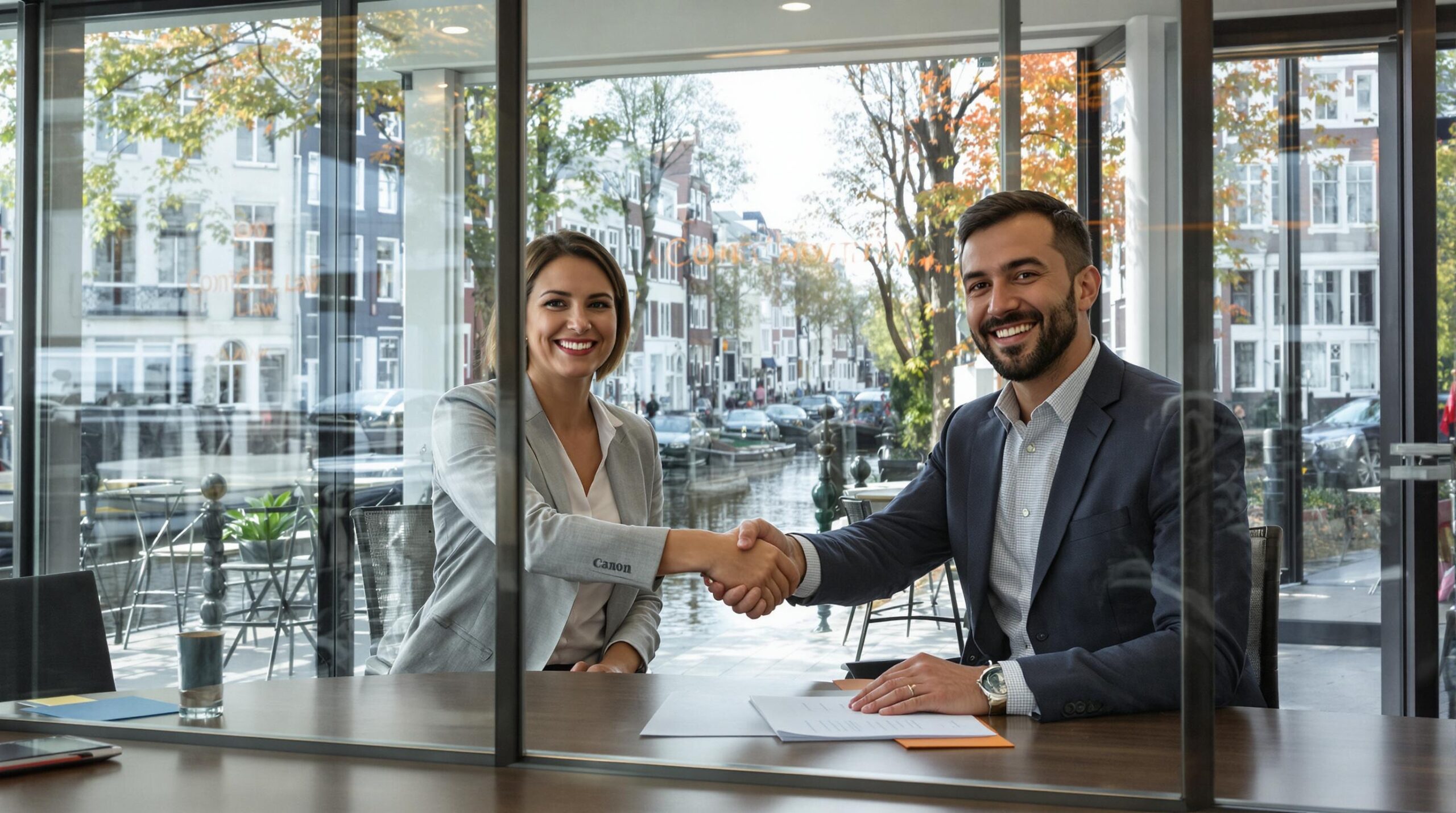 Professionals shaking hands after contract signing in Amsterdam office