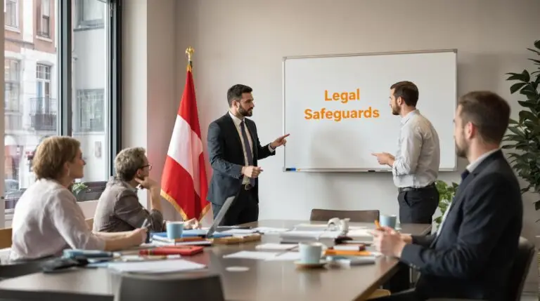 Dutch professionals discuss documents in a modern office with Legal Safeguards on whiteboard.