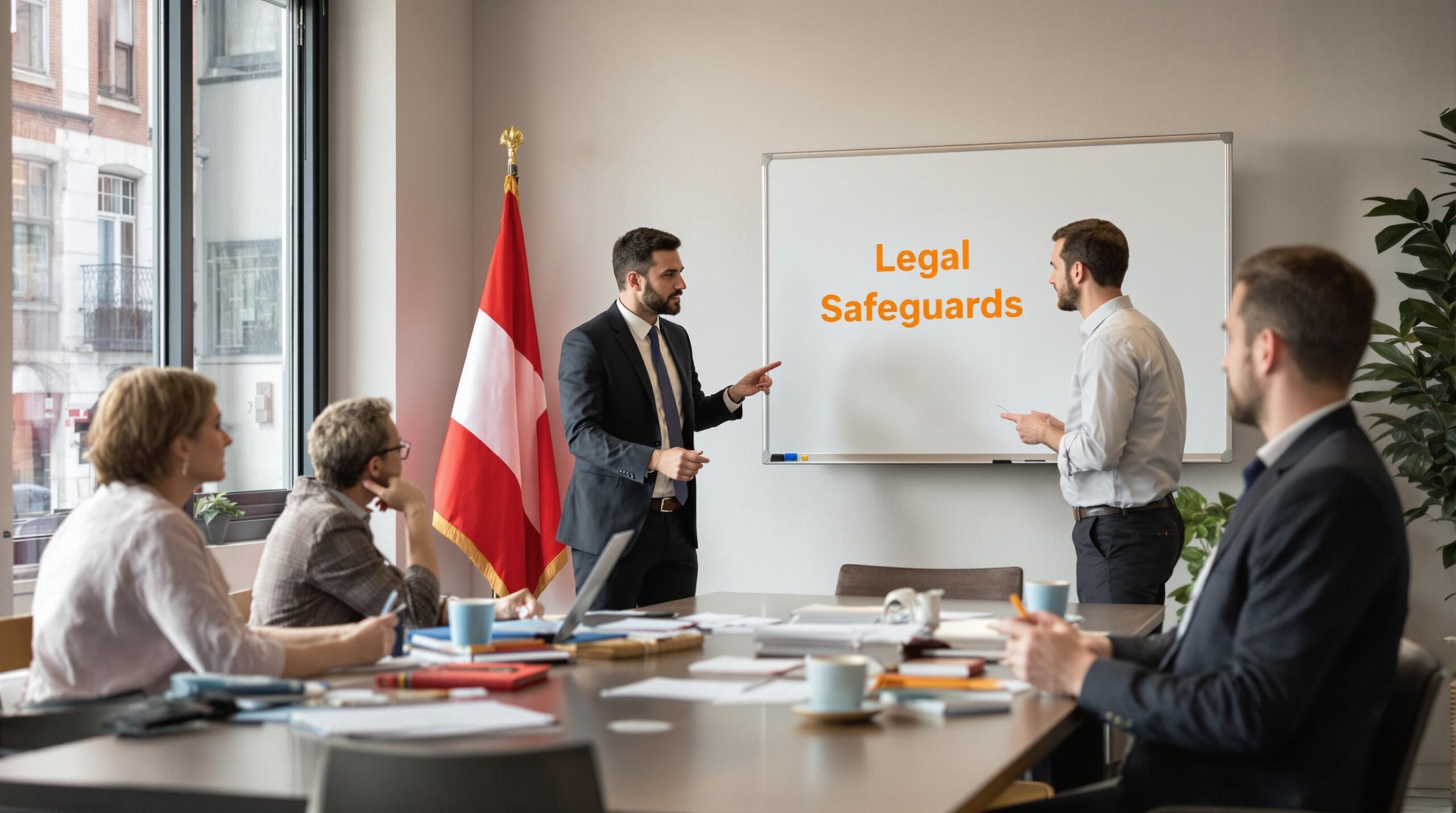 Dutch professionals discuss documents in a modern office with Legal Safeguards on whiteboard.