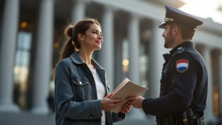Woman speaking with a police officer at a counter, illustrating how to apply for a domestic violence restraining order in the Netherlands