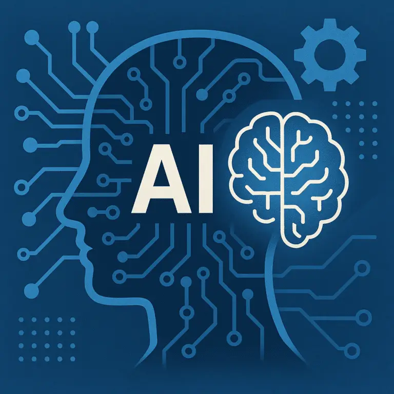 The letters AI beside a glowing circuit-board brain, illustrating ownership of AI-generated content at work