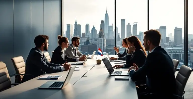 Meeting around a boardroom table with a city skyline behind, illustrating insolvency and restructuring