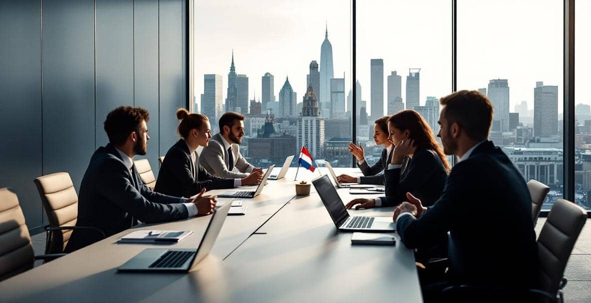 Құқықтық мәселелерді талқылайтын кәсіпқойлары бар Нидерландыдағы заманауи кеңес бөлмесі.