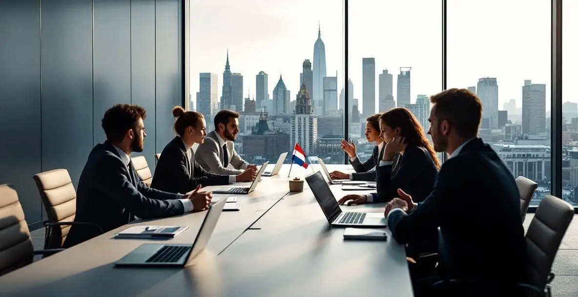 Modern boardroom in the Netherlands with professionals discussing legal matters.