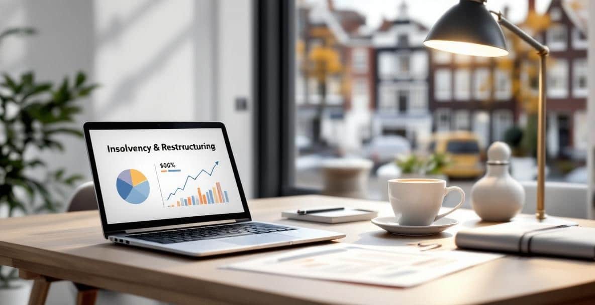 Үстел, заңды құжаттар, ноутбук, кофе және қала көрінісі бар заманауи голланд кеңсесі.