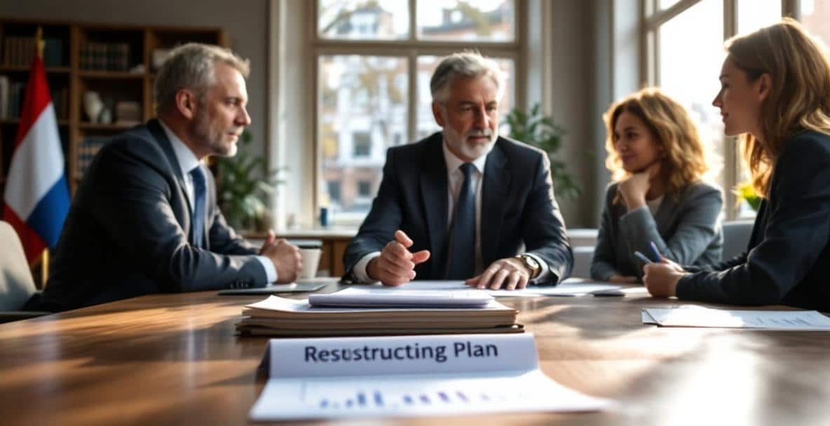 Құқықтық құжаттары бар голландиялық сот залы және қайта құрылымдау жоспарларын талқылайтын әртүрлі топ.