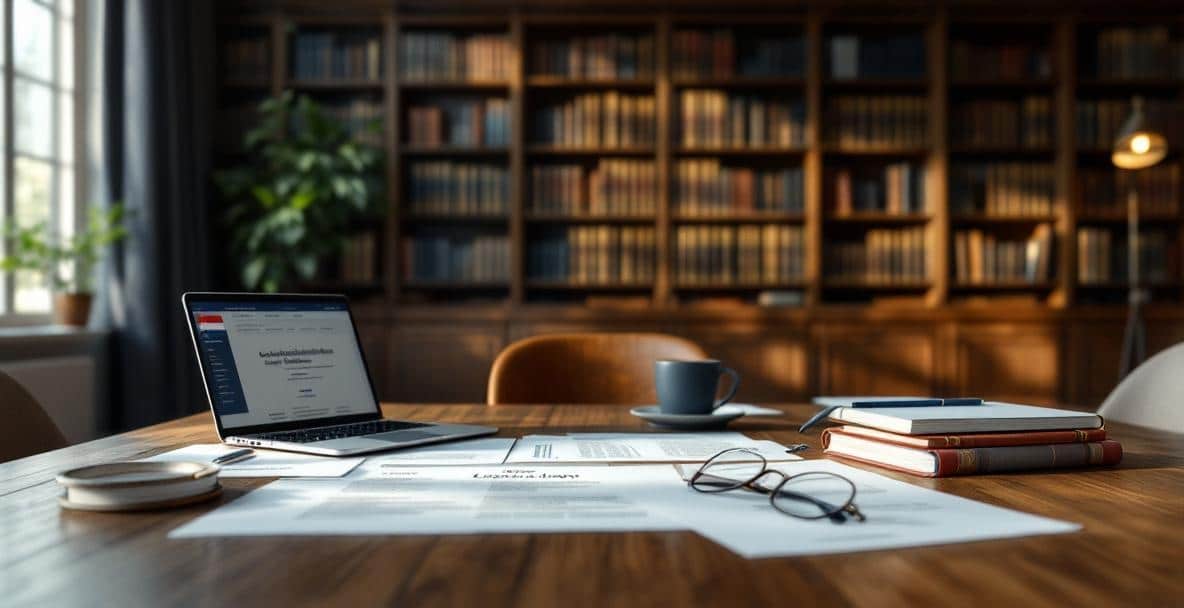 Құжаттар, ноутбук, Голландия туы және кітап сөресі бар Голландиялық заң кеңсесі.