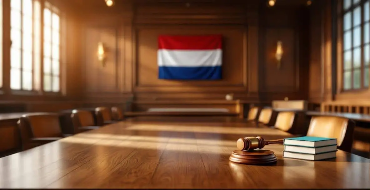 Dutch courtroom with appeal table, wooden benches, legal books, gavel, and a Dutch flag in the background.