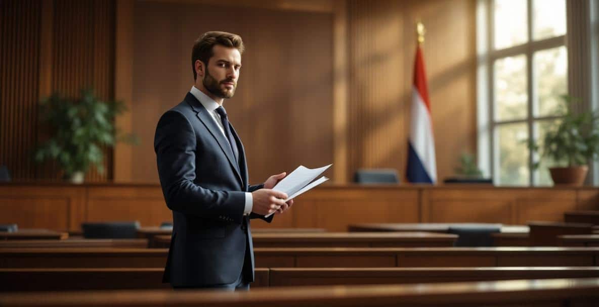 Modern Dutch courtroom with a lawyer presenting a case.