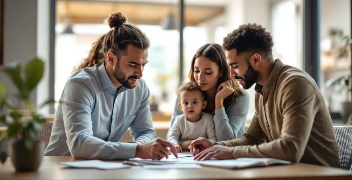 Family discusses legal documents with a lawyer in a Dutch courtroom scene.