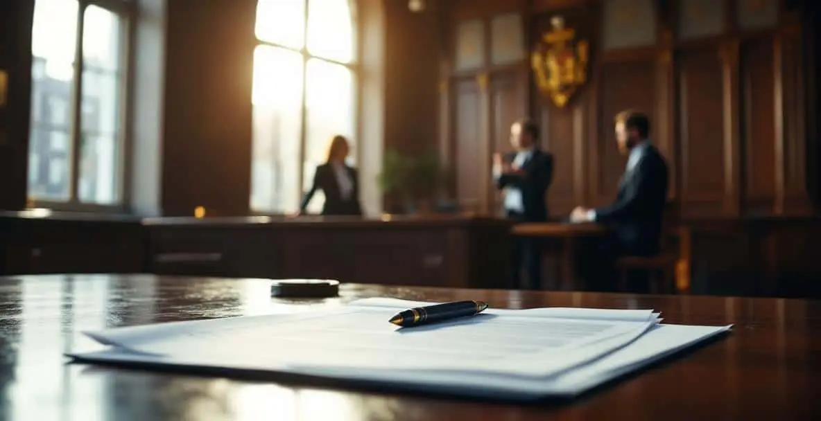 Dutch courtroom with legal file on desk, lawyers in background.