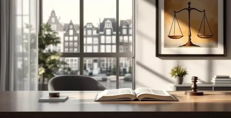 Scales of justice on a desk beside a window overlooking Amsterdam canal houses, illustrating art and the law