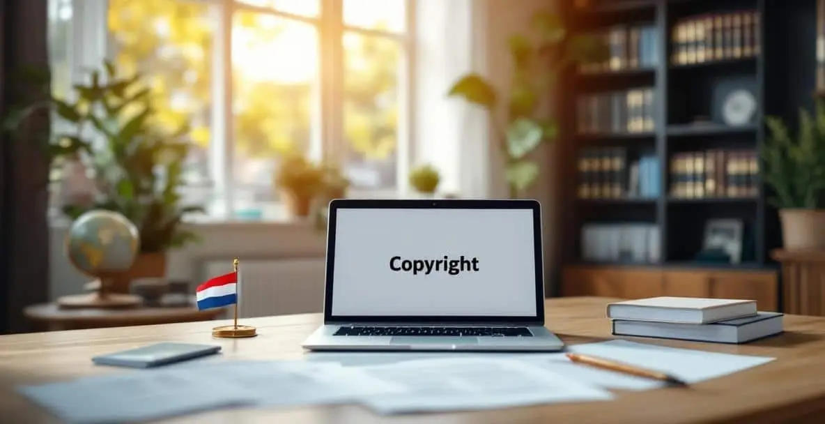 Art and the Law: Navigating Legal Aspects sa Netherlands 2 Propesyonal nga Dutch nga opisina sa balaod nga adunay mga dokumento sa copyright ug usa ka laptop nga nagpakita sa simbolo sa copyright.