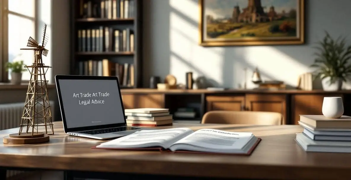 Art and the Law: Navigating Legal Aspects sa Netherlands 3 Ang opisina sa balaod nagpunting sa mga regulasyon sa pamatigayon sa arte sa Dutch nga adunay libro sa balaod, laptop, eskultura sa windmill, ug mga katalogo sa arte.