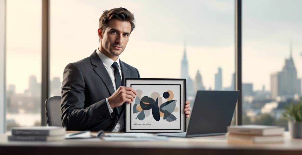 Attorney in Dutch office holds abstract art with city skyline view, law books, and documents.