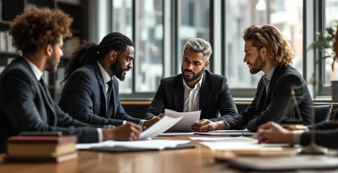 Assault and Violence Charges in the Netherlands: Legal Process Explained 1 Dutch lawyer and client discuss legal documents in a modern courtroom setting.