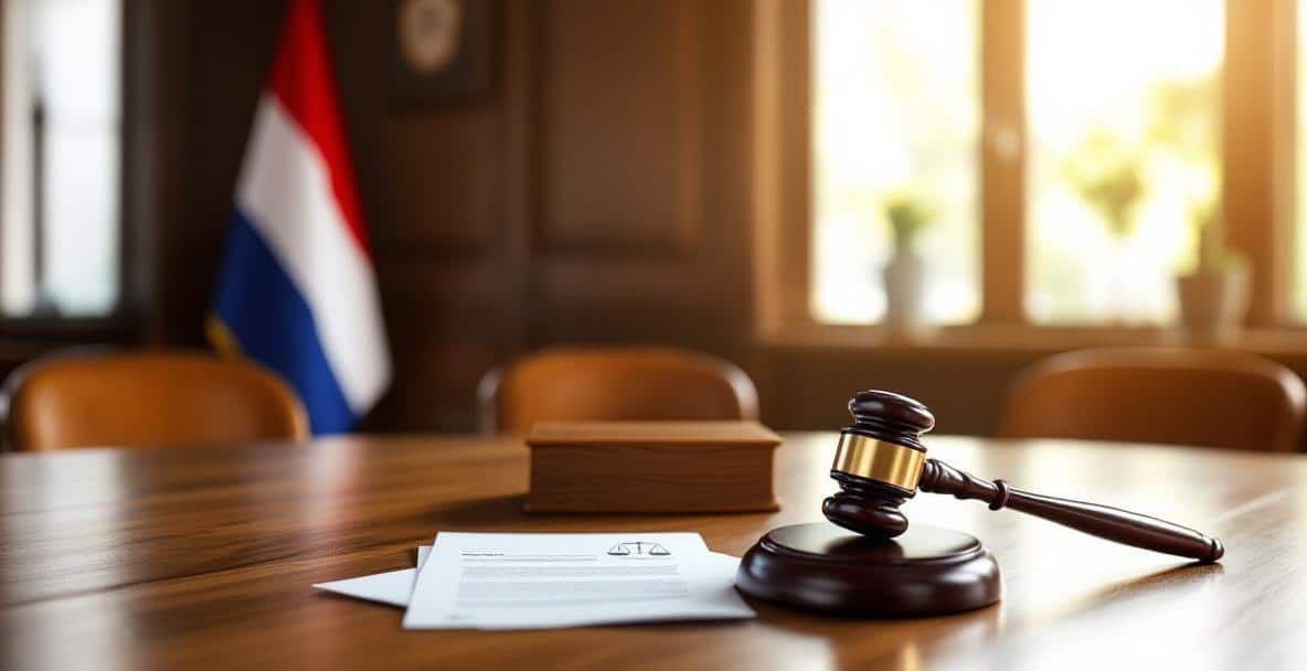 Dutch courtroom interior with judge's bench, flag, gavel, and legal documents under natural lighting.