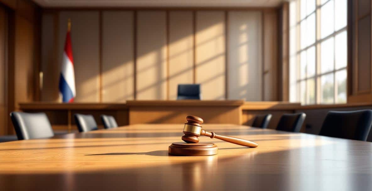 A modern Dutch courtroom with a judge's bench, gavel, and Dutch flag.