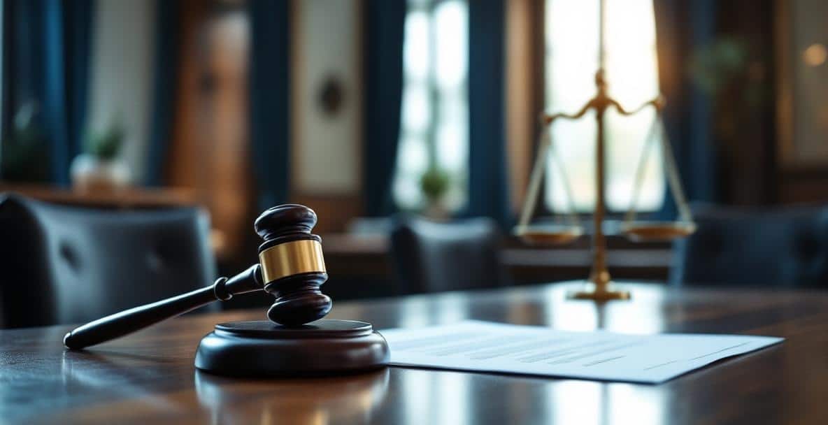Courtroom scene connecting assault charges and Dutch insolvency law, with gavel, documents, and justice scale.