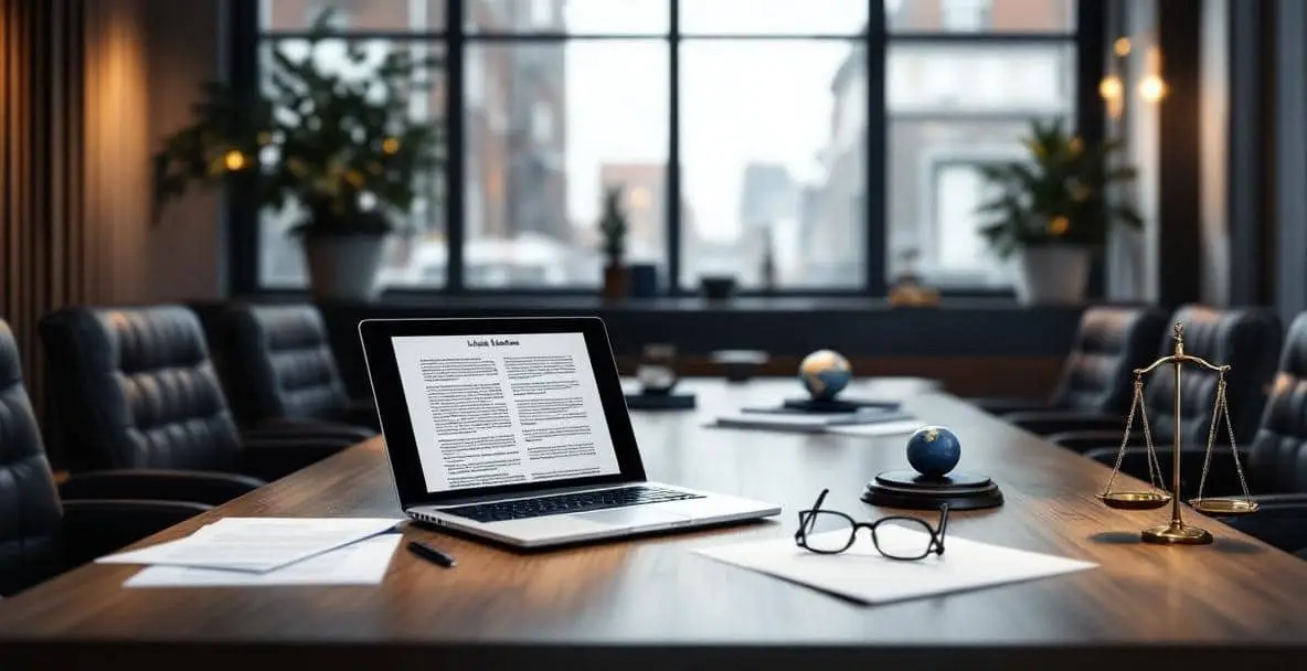 Corporate Litigation in the Netherlands: A Practical Guide for Businesses (2026) 1 Modern Dutch law office with conference room, laptop, glasses, and legal documents.