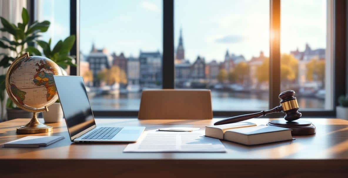 Modern law office with desk, legal documents, laptop, and Amsterdam cityscape view.