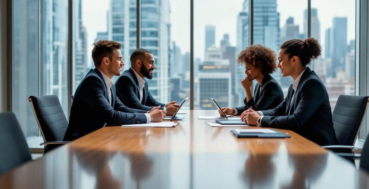 Diverse business teams negotiate at a conference table with a city view.