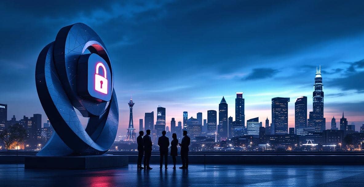 Cybercrime in the Netherlands: Legal Consequences and Defence Strategies 4 Cityscape of the Netherlands at dusk with a digital security sculpture and professionals discussing cybercrime.