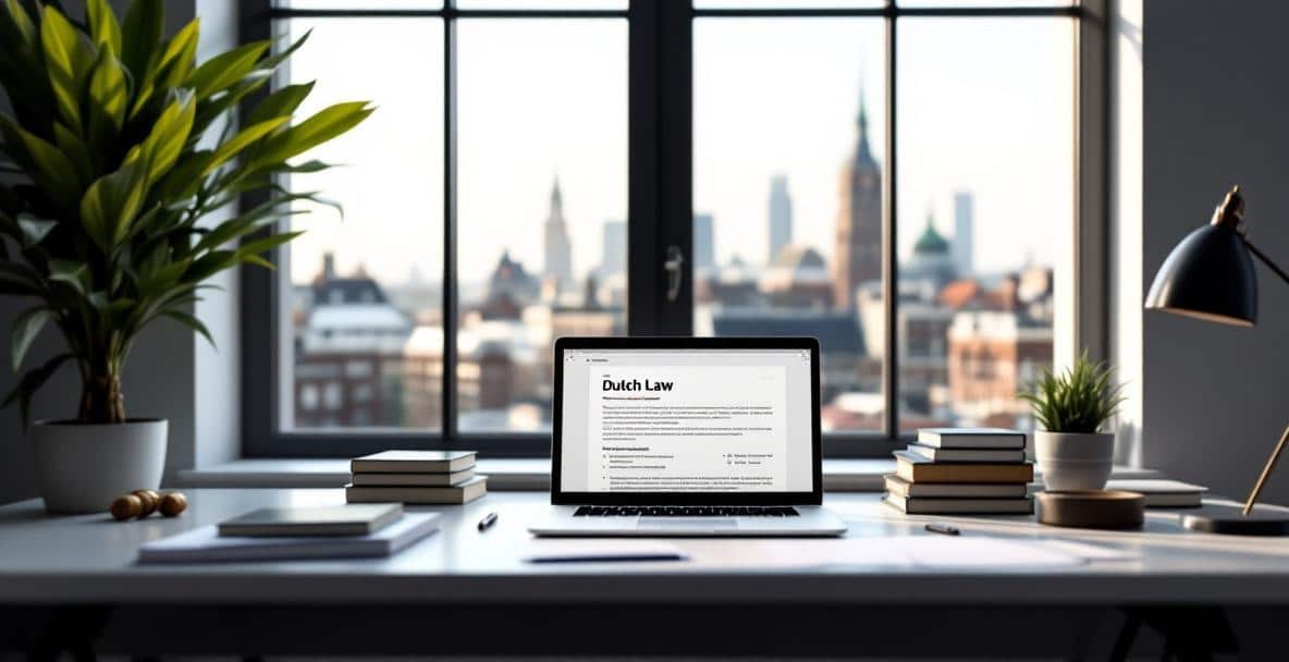 Minimalistic Dutch office with a desk, laptop, and books on Dutch law, cityscape visible through window.