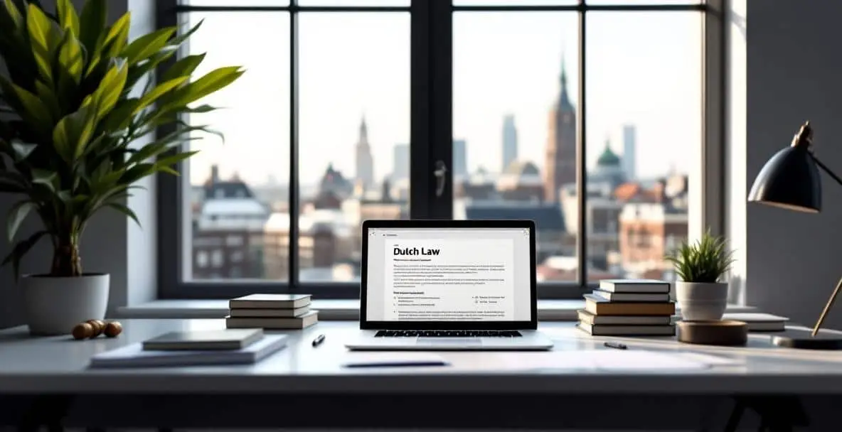 Minimalistic Dutch office with a desk, laptop, and books on Dutch law, cityscape visible through window.
