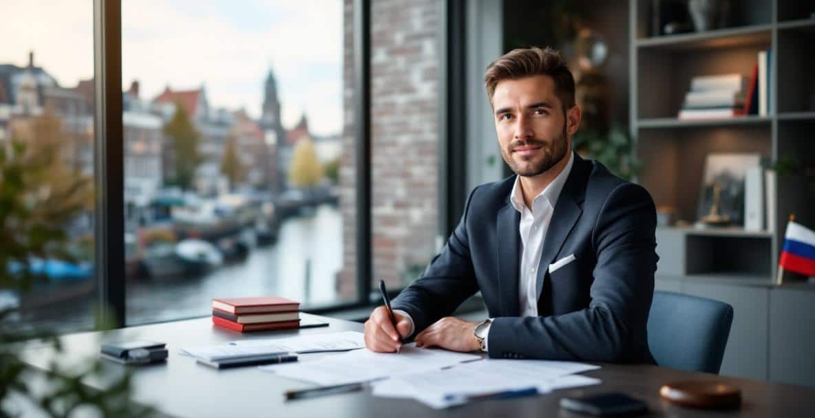 Lawyer in formal attire at desk with Dutch cityscape view, showcasing expertise in debt collection.