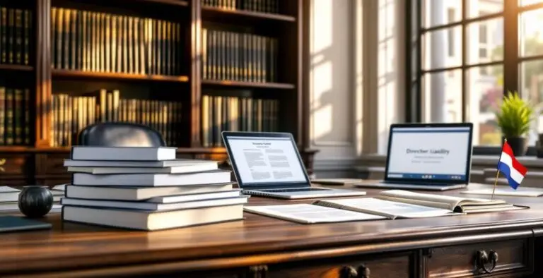 Law library desk with stacked books and laptops, illustrating directors liability in the Netherlands
