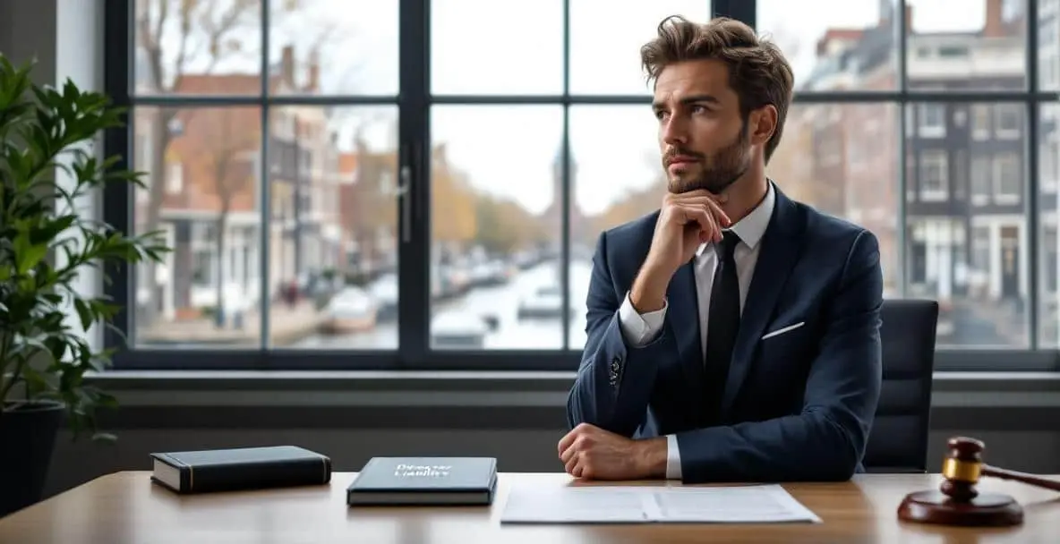 Business professional in an office overlooking Amsterdam's canals with legal documents on director liability.