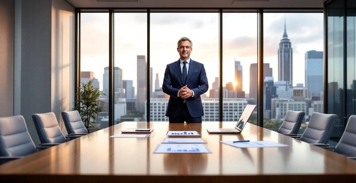 Confident business director at conference table in modern office with city skyline view.