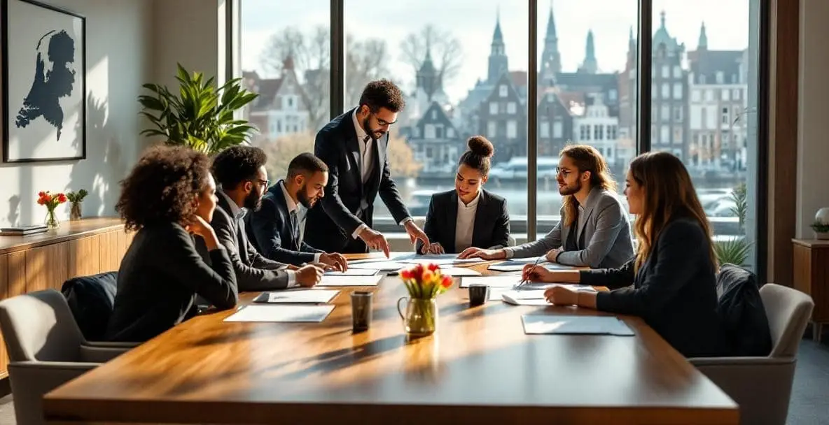 Divorce in the Netherlands: Hidden Legal Traps Every Expat Should Know 1 Diverse group in Dutch office discussing legal documents with a lawyer.