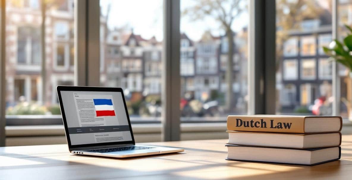 Office with legal books, laptop showing Dutch flag, and Dutch cityscape view symbolizing divorce law.