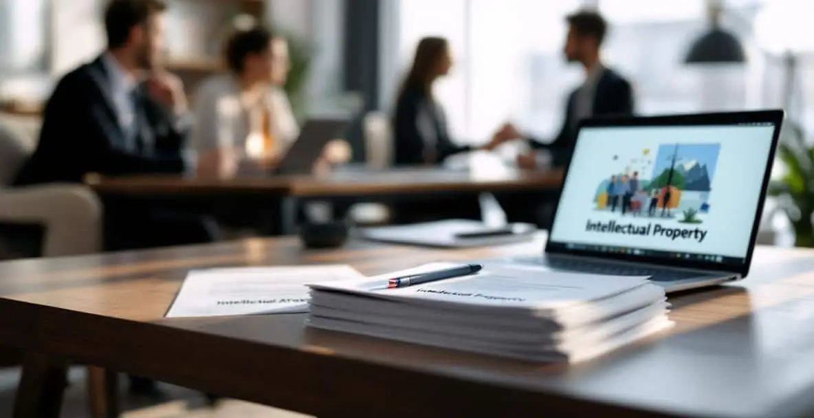 Divorce in the Netherlands: Hidden Legal Traps Every Expat Should Know 3 Desk with legal documents labeled 'Intellectual Property' and a laptop displaying digital artwork, Dutch flag visible.